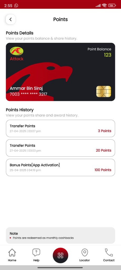 Fuel wallet loyalty points and transaction history screen
