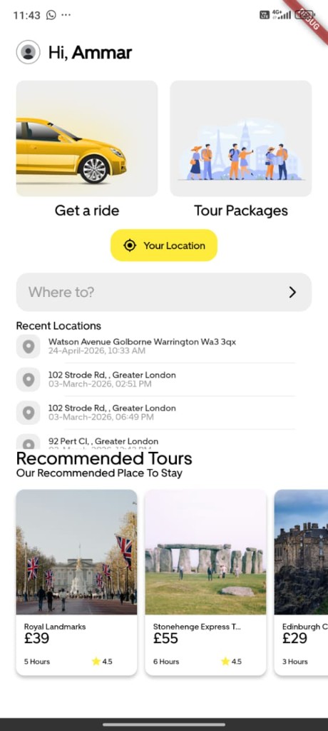 My Tours Transfers rider app home screen