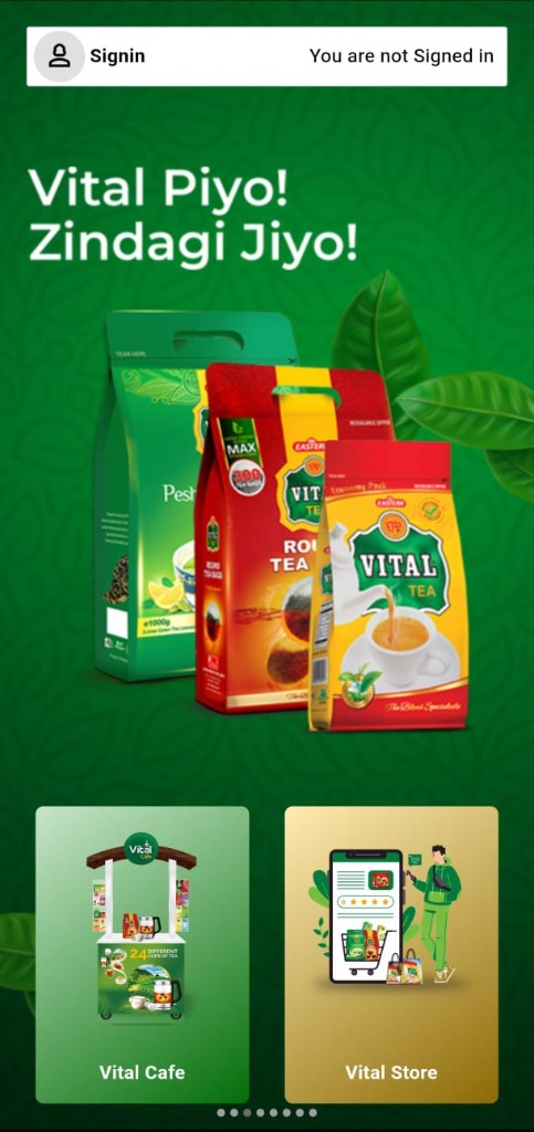 Vital Cafe mobile shopping app home screen