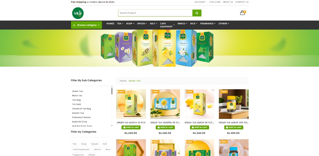 Vital Cafe online store web storefront with product catalog